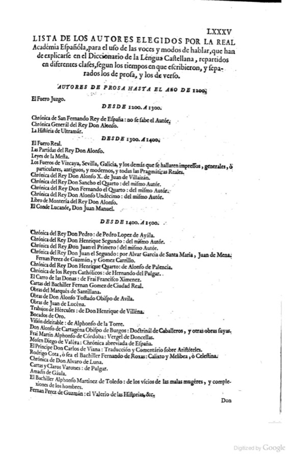 Primera página de la Lista de los autores elegidos por la Academia, con los autores de prosa desde el Fuero Juzgo hasta 1500