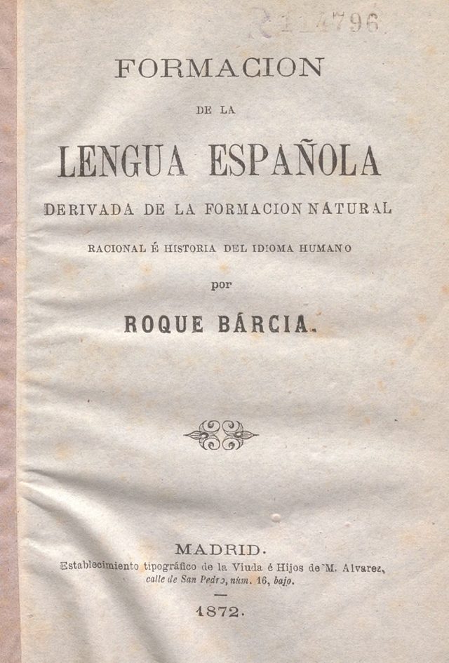 Portada de la Formación de la lengua española de Roque Barcia, Madrid, 1872