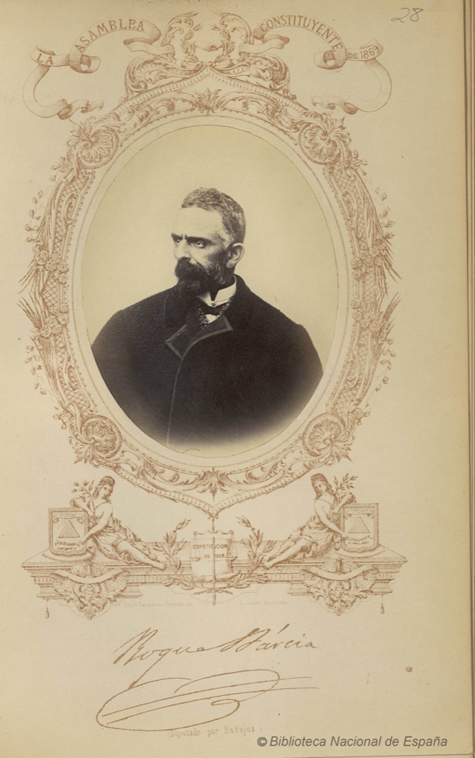 Fotografía de Roque Barcia en una orla litográfica de la Asamblea Constituyente de 1869, con su firma