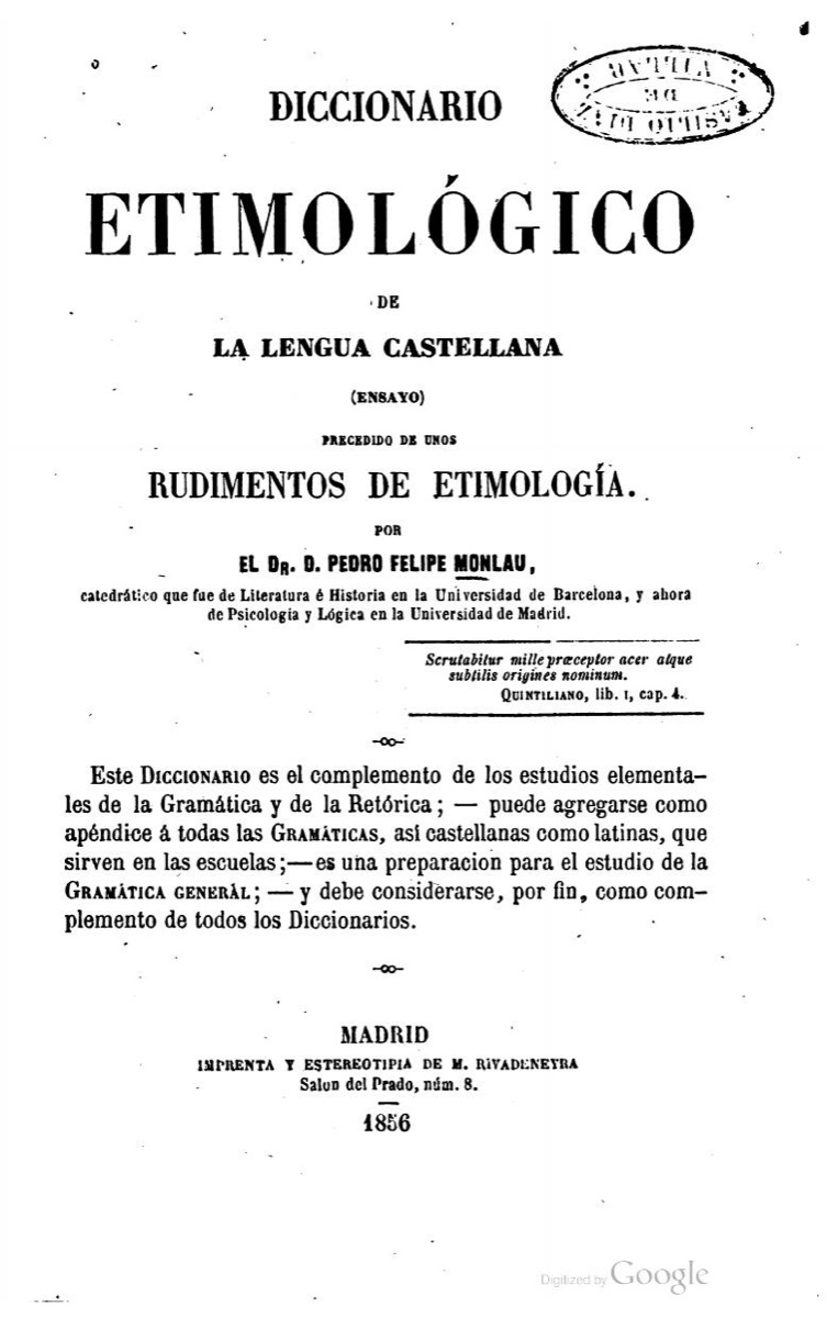 Portada del Diccionario etimológico de la lengua castellana de Monlau, Madrid, 1856