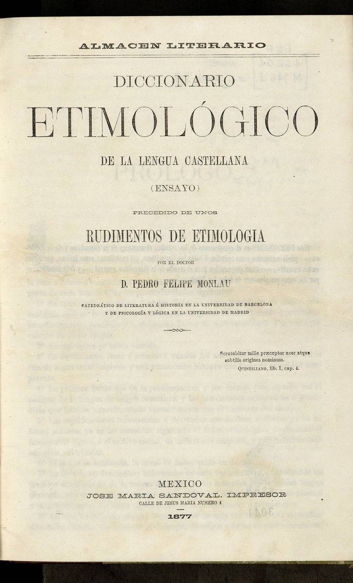Portada de la reimpresión de México del Diccionario etimológico de Monlau, 1877
