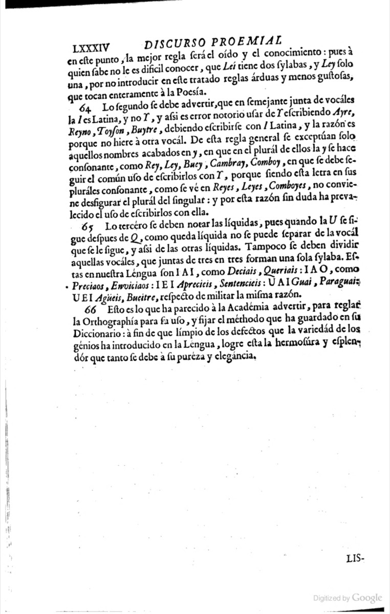 Página LXXXIV del Discurso proemial de la orthographía, en el tomo I del Diccionario de Autoridades, 1726