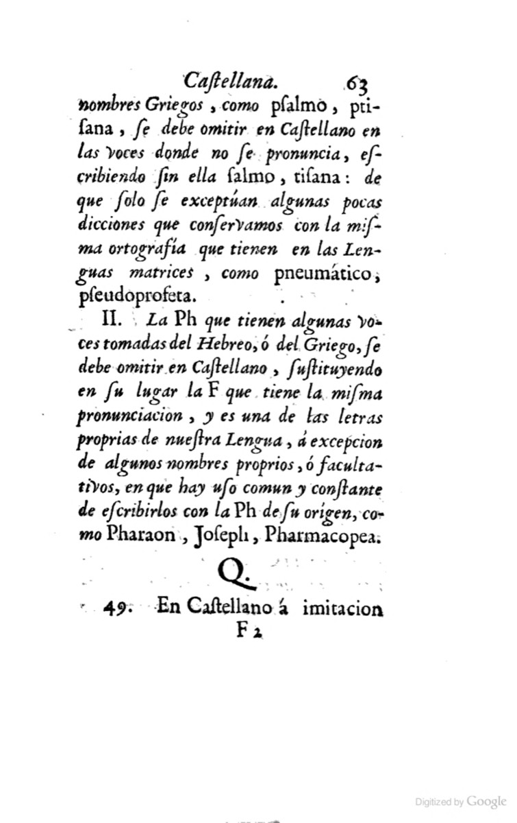 Página 63 de la Ortografía de la lengua castellana, Madrid, 1754