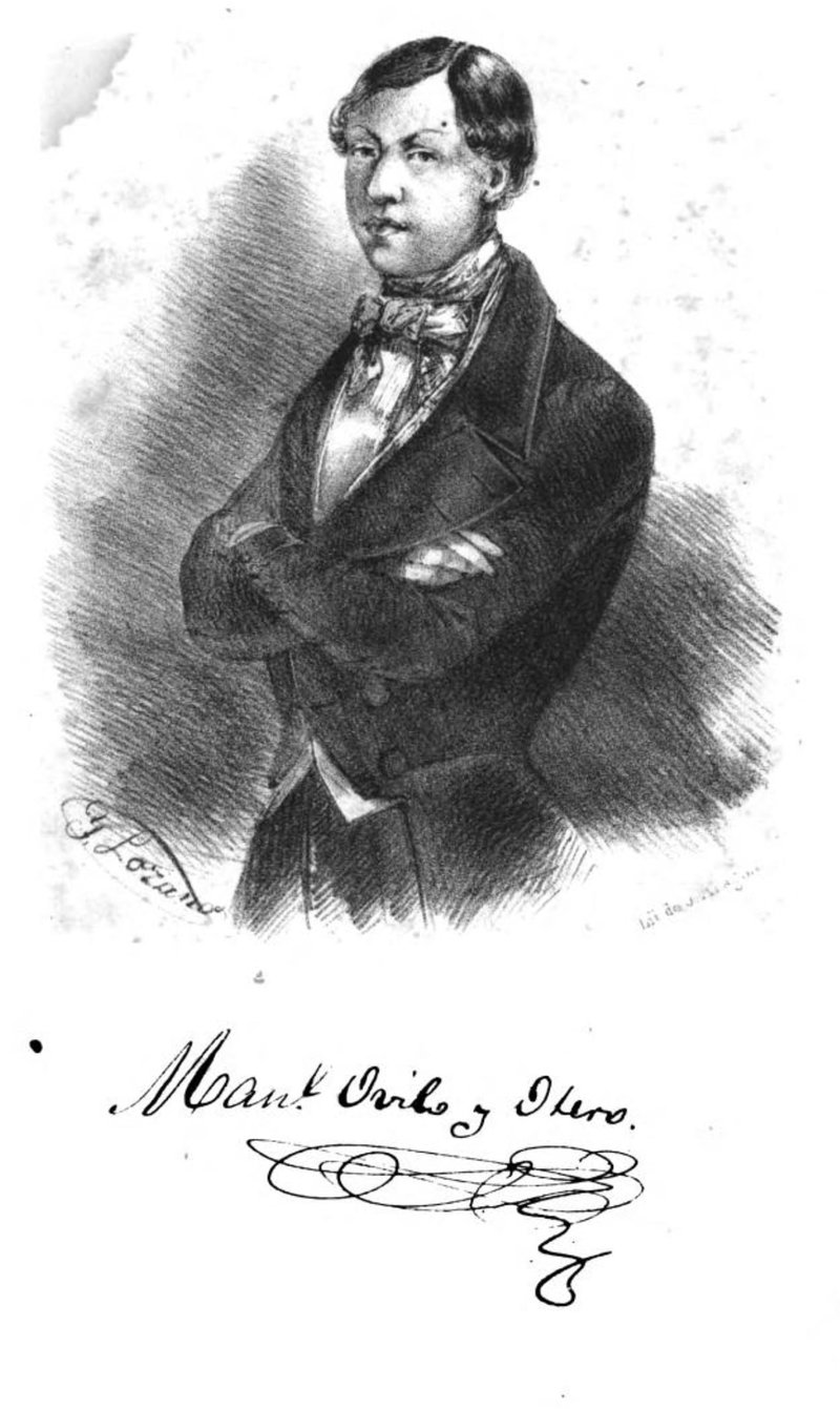 Retrato litografiado de Manuel Ovilo y Otero, joven, con los brazos cruzados, y su firma debajo