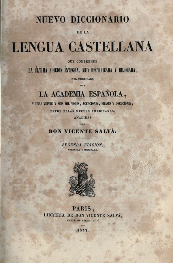 Portada del Nuevo diccionario de la lengua castellana de Vicente Salvá, segunda edición, París, Librería de Don Vicente Salvá, 1847